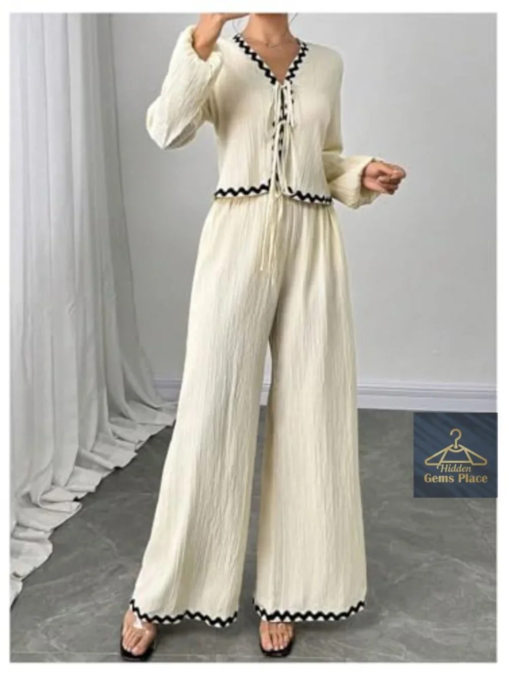 Long Sleeve Tie Front Top & Wide Leg Palazzo Pants Lounge Set - Picture 5 of 5